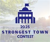 A graphic of a city hall building with the phrase "2025 Strongest Town Contest."