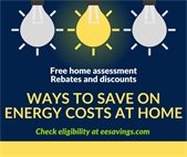 Three lightbulbs with one in the middle lit up, with the heading "Ways to Save on Energy Costs at Home. Check eligibility at eesavings.com."