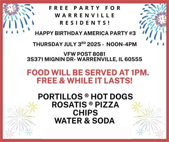 A flyer inviting the community to a July 3 party at the VFW.