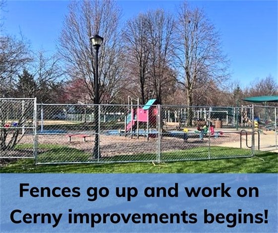A fence around the playground at Cerny Park, where an improvement project has begun and includes a new playground.