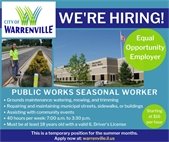 A graphic to show the City is hiring seasonal workers for summer in Public Works.