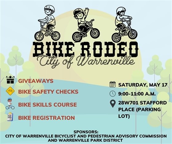 A graphic for the City's Bike Rodeo event May 17 showing three kids on bikes.