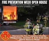 A photo of firemen demonstrating fire safety to promote the Warrenville Fire District Open House October 2.