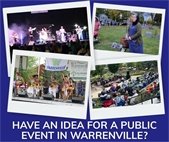 A photo collage featuring annual events Summer Daze, Cemetery Walk, Multicultural Festival, and Concerts on the Commons.