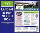 The front page of the City's August issue of Hometown Happenings, with the Mayor's column, National Night Out event info, and back to school driving tips.