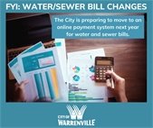 A photo of someone with bills and a calculator to publicize the City's move to online billing in 2025.