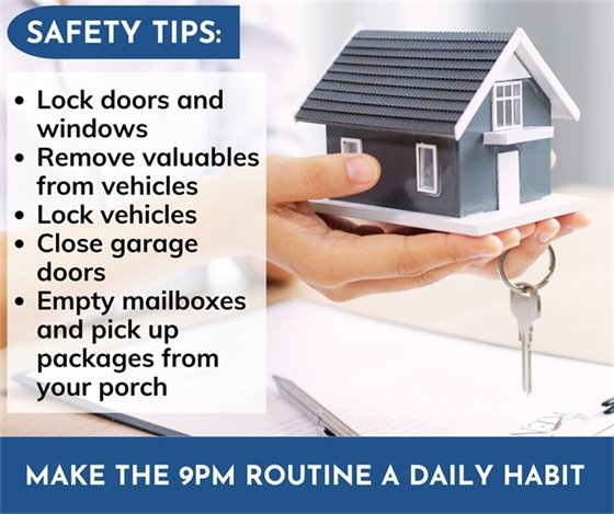 An image of a house and key to promote safety by locking up cars and homes at night.