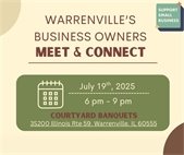 A graphic promoting a Warrenville business owners meet and greet July 19.