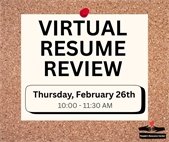Graphic with the words “Virtual Resume Review” pinned to a corkboard background. Below the title, the event details read: “Thursday, February 26th, 10:00–11:30 AM.” The People’s Resource Center logo appears in the bottom right corner.