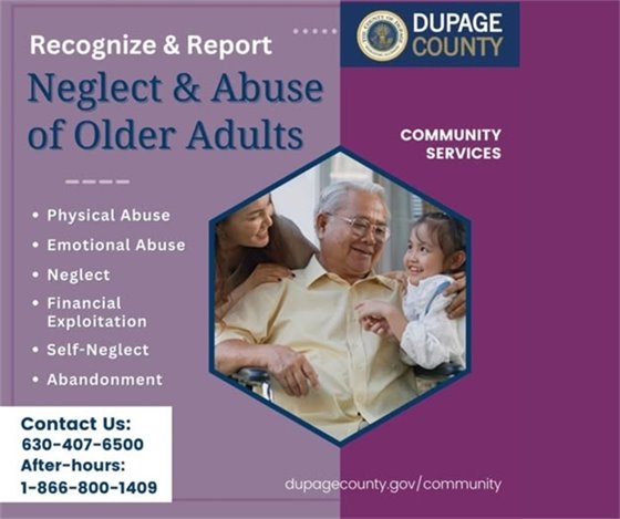 A photo of a senior citizen with young children to promote awareness of an elder abuse hotline found online at dupagecounty.gov/community