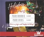 A graphic of a fireplace and holiday decorations.