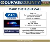 A graphic that shows the emergency numbers in DuPage County: 211, 911, and 988.