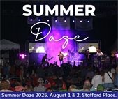 Summer Daze 2025 is August 1 and 2 at the City Hall complex on Stafford Place. Food, music, fun for kids, and more!