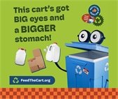 Graphic with green background and orange checkered border. A blue recycling cart with cartoon eyes and white gloves smiles with its lid open, showing a can labeled “Sparkling Water Grapefruit.” Next to it are recyclable items: envelopes, a glass jar, a cardboard box, and a plastic milk jug. Text reads: “Feed The Cart … all his favorites!” and “FeedTheCart.org” with a recycling symbol.