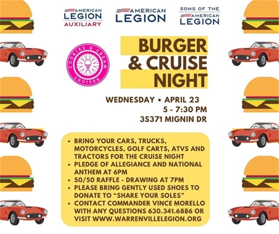A flyer decorated with burgers and cars to promote Burger & Cruise Night at the VFW April 23.