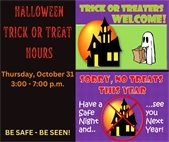 A graphic for Halloween, Thursday, October 31. Trick or treat hours are 3:00 to 7:00 p.m.