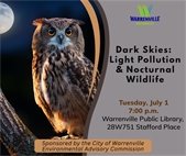 A photo of an owl to promote a program about dark skies and light pollution on July 1.