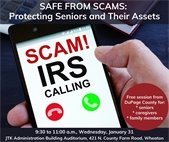 A graphic advertising a presentation for senior citizens on how to avoid scams.