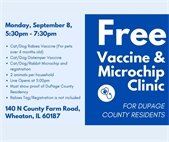 DuPage County offers a free microchip and vaccine clinic September 8, 2025.