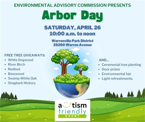 A graphic of a tree and earth to promote the City's Arbor Day event Saturday, April 26 from 10 a.m. to 12 p.m.