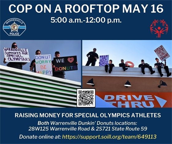 A photo of Warrenville police on the roof of Dunkin to raise money for Special Olympics IL.