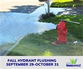 Graphic with text: “Fall Hydrant Flushing · September 29–October 31, 2025 · Monday–Friday, 7:00 a.m.–3:30 p.m.” Includes an illustration of a red fire hydrant with water flowing from it.