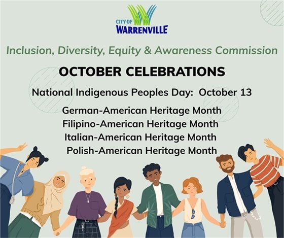 Graphic of diverse peoples that says 'The City's Inclusion, Diversity, Equity and Awareness Commission (IDEC) recognizes National Indigenous Peoples Day on October 13. Other celebrations: German-American Heritage Month, Filipino-American Heritage Month, Italian-American Heritage Month, Polish-American Heritage Month.'