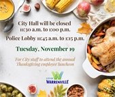 Images of Thanksgiving foods to let the community know City Hall will close for 1.5 hours for the annual staff luncheon.