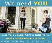 A photo of a U.S. Census field worker to promote a hiring session at City Hall February 12.