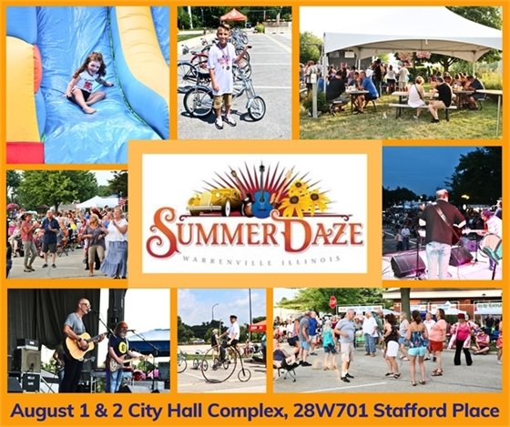People enjoying activities at the annual Summer Daze event: music, dancing, bikes, picnic, giant slide.