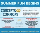 An image that says summer fun begins, with schedules for Concerts on the Common and Lunchtime Live.