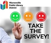 A photo of someone taking a survey to promote Warrenville Public Library District's 2025 survey.