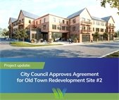 Rendering of a proposed three-story mixed-use brick building at the northeast corner of Batavia and Warrenville Roads. The building includes ground-floor retail space, upper-level residential units with balconies, outdoor seating areas, landscaping, and pedestrians walking along the sidewalks. Overlay text reads: “Project update: City Council Approves Agreement for Old Town Redevelopment Site #2.”