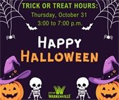 A spooky Halloween graphic with bats, skeletons, pumpkins and more to announce trick or treat hours of 3:00 to 7:00 p.m. October 31.