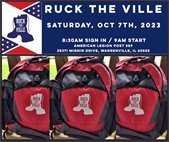 An image of a backpack that promotes "Ruck the Ville" donation drive October 7.