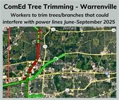 A map of Warrenville showing where ComEd will perform tree trimming June through September. 