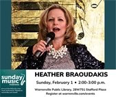 Graphic showing Heather Braoudakis, a singer who will perform "Girls of the 50s" at Warrenville Public Library's Sunday Music Matinee on February 1.