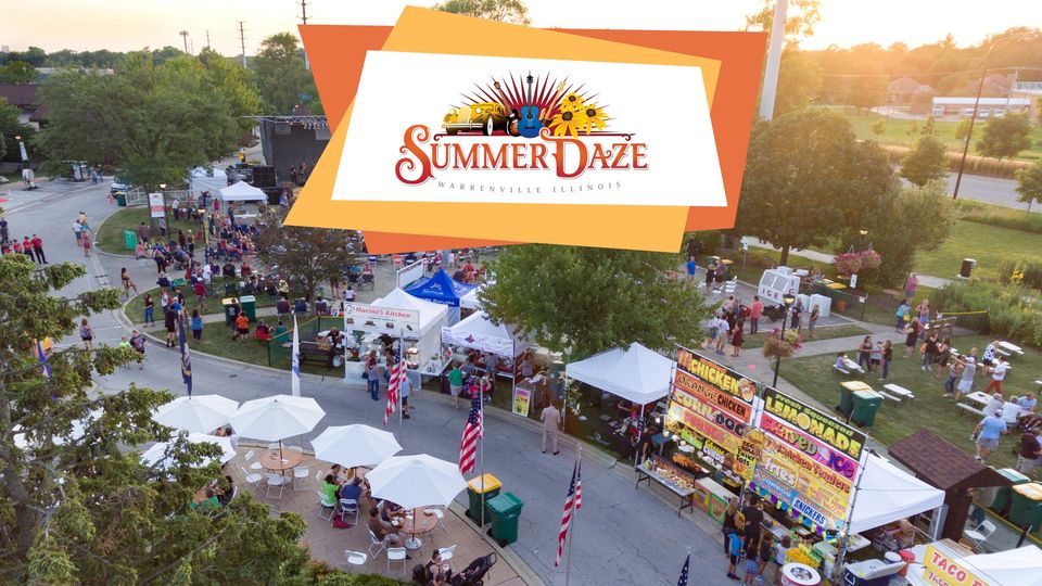 Photo of people visiting vendor booths, and a stage with a musical act performing.
