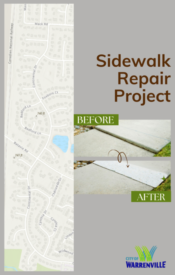 Graphic titled “Sidewalk Repair Project” with two photos showing a before-and-after sidewalk repair.