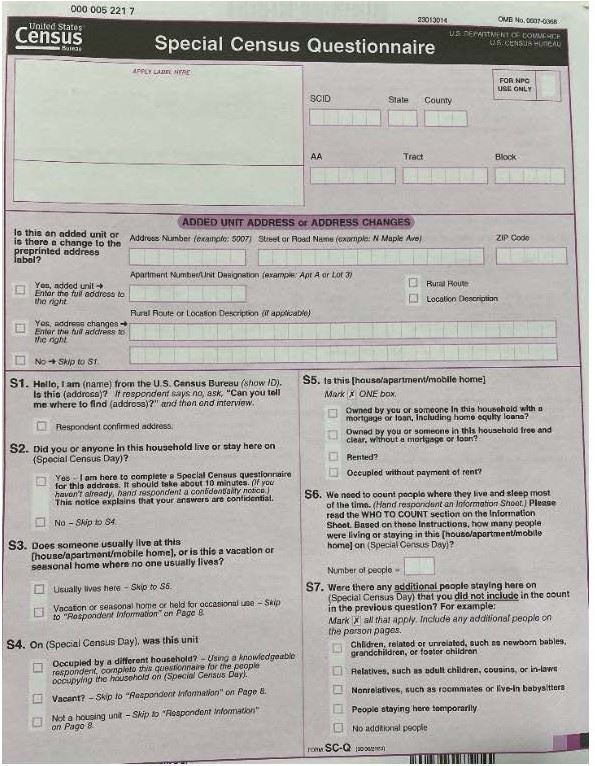 Special Census Blank Questionnaire