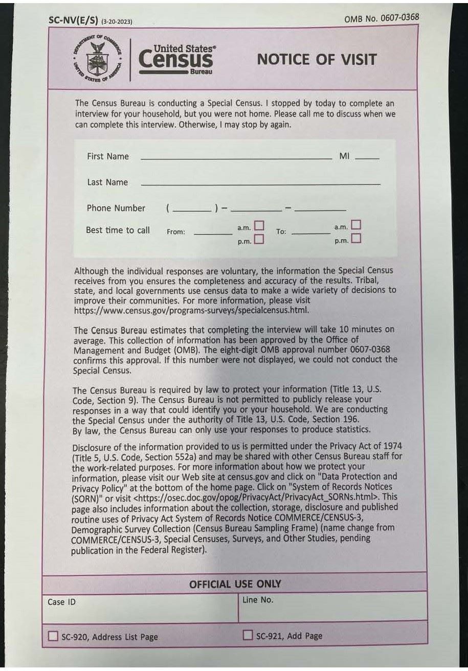 Special Census Blank Notice of Visit